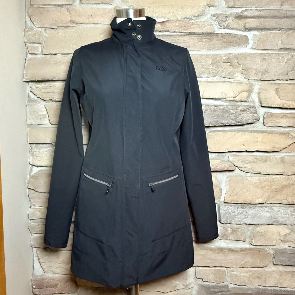 OGIO Black Softshell Jacket Women's Longline Coat Zip Pockets Medium Logo